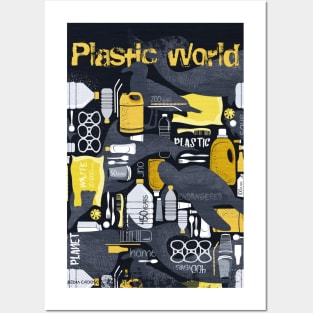 Our plastic planet // print // black background grey endangered animal species with yellow white and transparent plastic waste Posters and Art